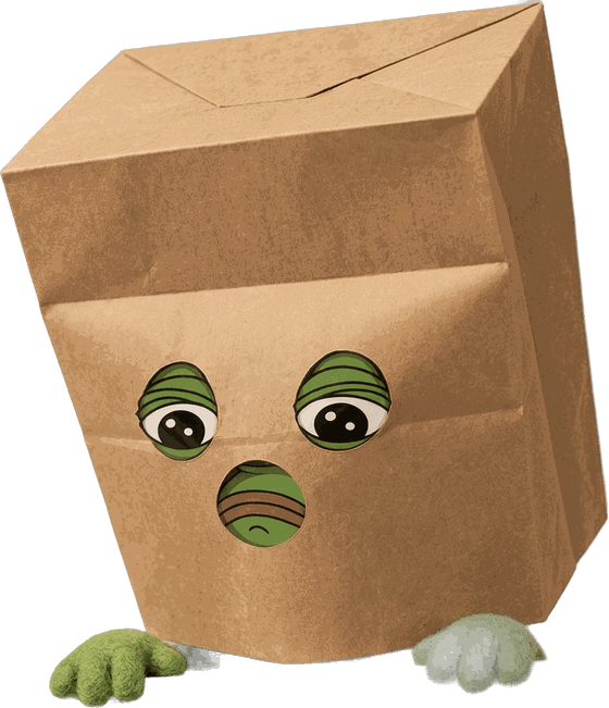 Anonymous Pepe leaning over the edge of a surface, looking down at the viewer